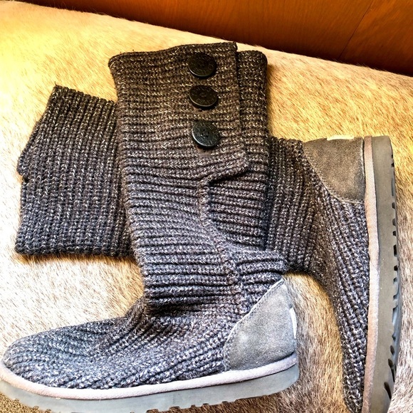 UGG gray cardy tall knee high crochet knit fold down button boots shoes